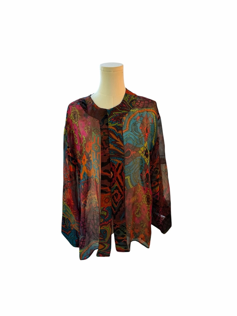 Chico’s 100% Silk Sheer Boho Patchwork Kimono Jacket Size 0